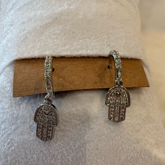 Stainless Steel CZ Hamsa Hoop Earrings Silver-Tone Dangle Protection Charms NWT - Picture 6 of 8